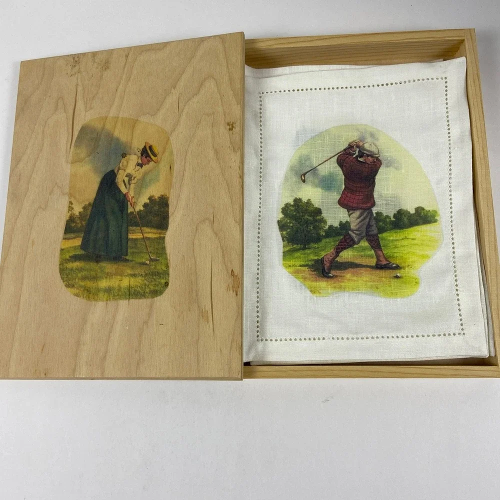 Vintage Golf Linen Cocktail Napkins Set of 12 in Wooden Box Victorian Graphics
